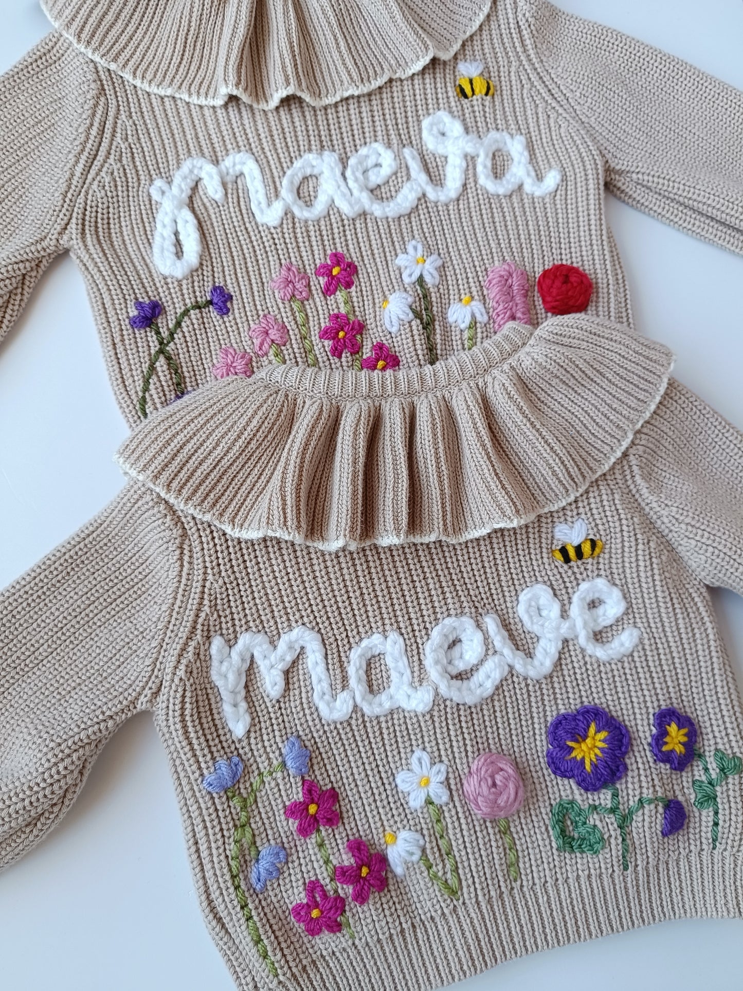 Custom Personalised Wild Flower Cardigan | Beige Name Frill Cardigan | Ruffle Oversized Cardigan