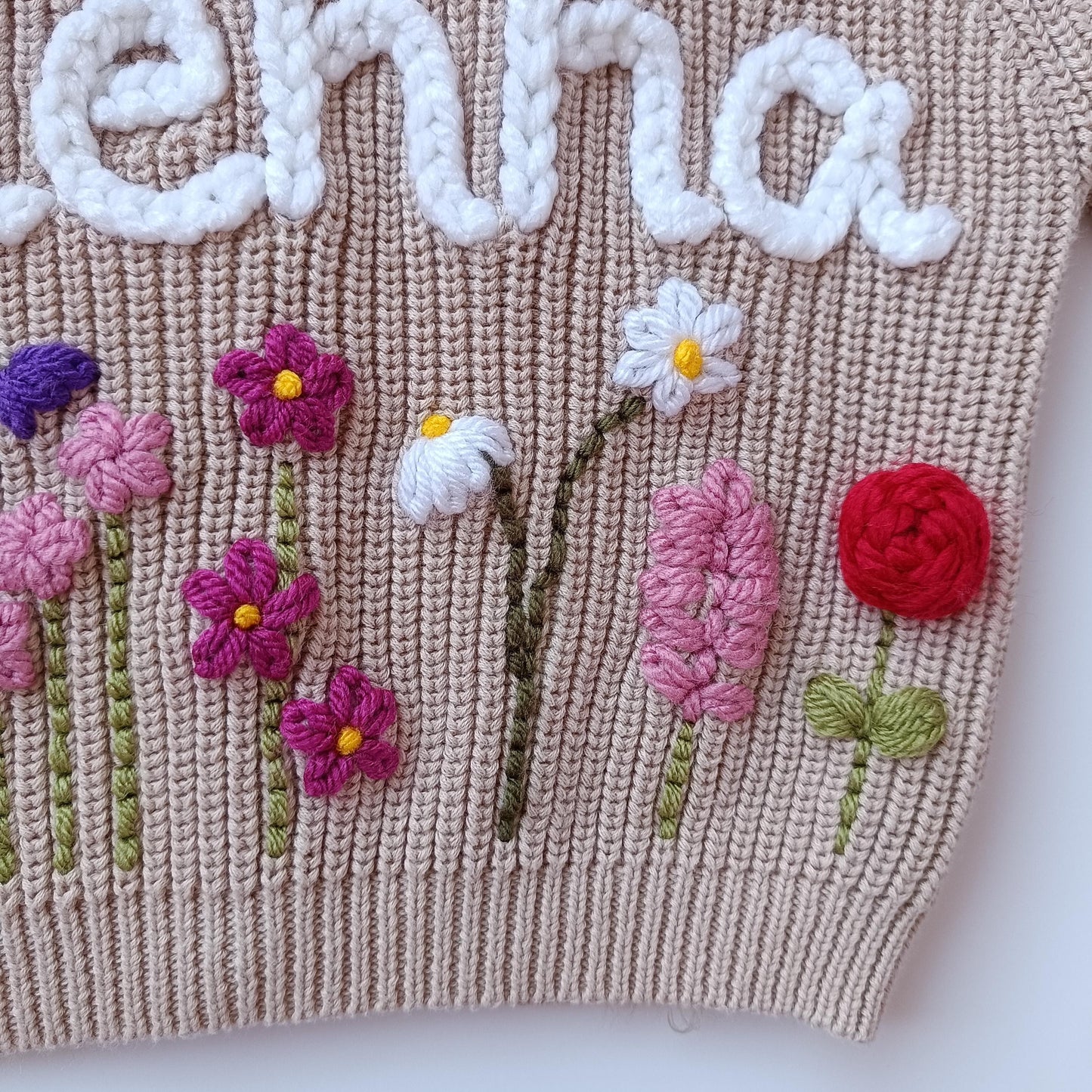 Custom Personalised Wild Flower Cardigan | Beige Name Frill Cardigan | Ruffle Oversized Cardigan