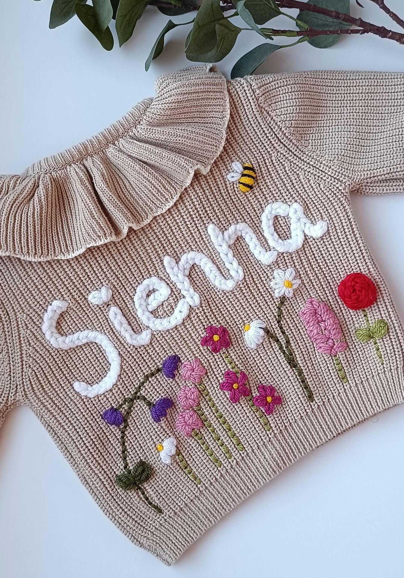 Custom Personalised Wild Flower Cardigan | Beige Name Frill Cardigan | Ruffle Oversized Cardigan