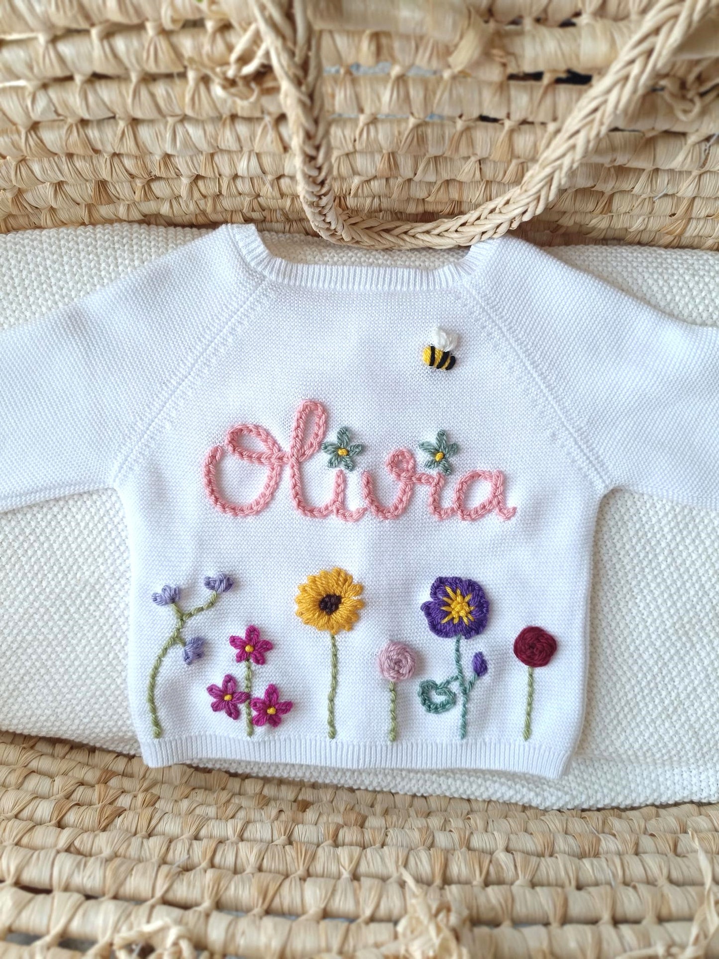 Personalised Wild Flowers Embroidered White Cardigan