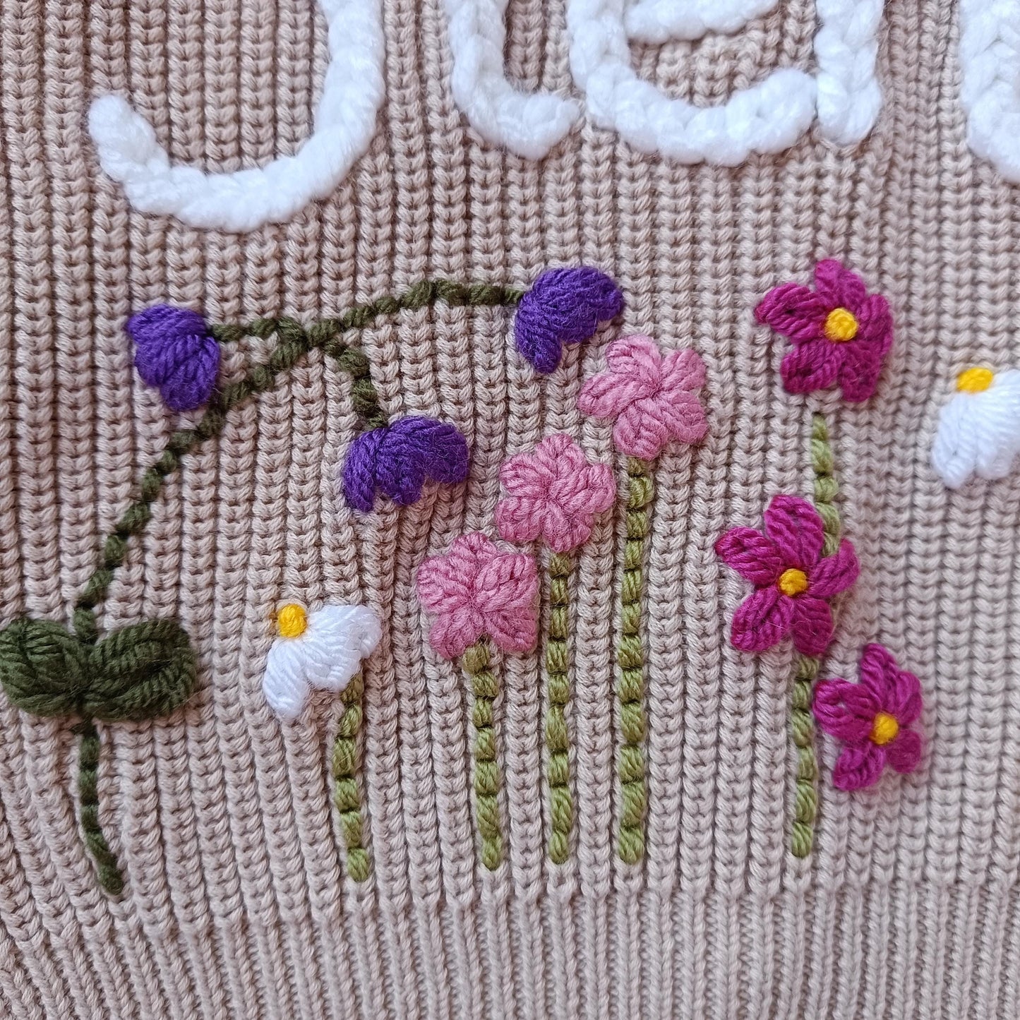 Custom Personalised Wild Flower Cardigan | Beige Name Frill Cardigan | Ruffle Oversized Cardigan