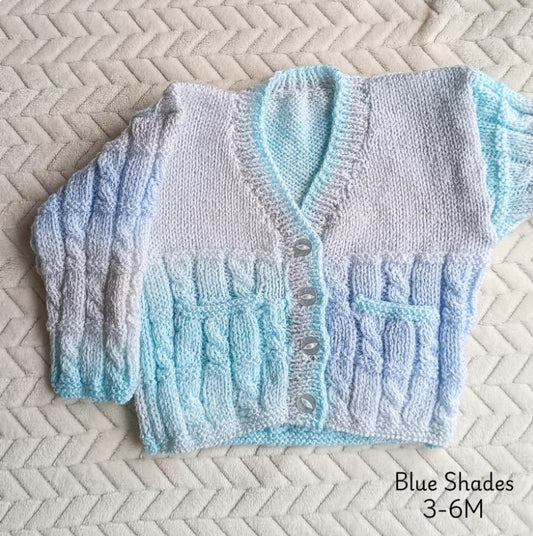 SALE 3-6m Hand Knitted Cardigan Blue Shades