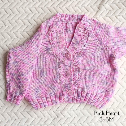 SALE 3-6m Hand Knitted Cardigan Pink Heart