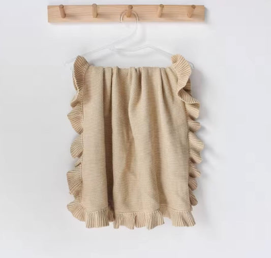 Hand Embroidered Frill Edge Baby Blanket | Beige