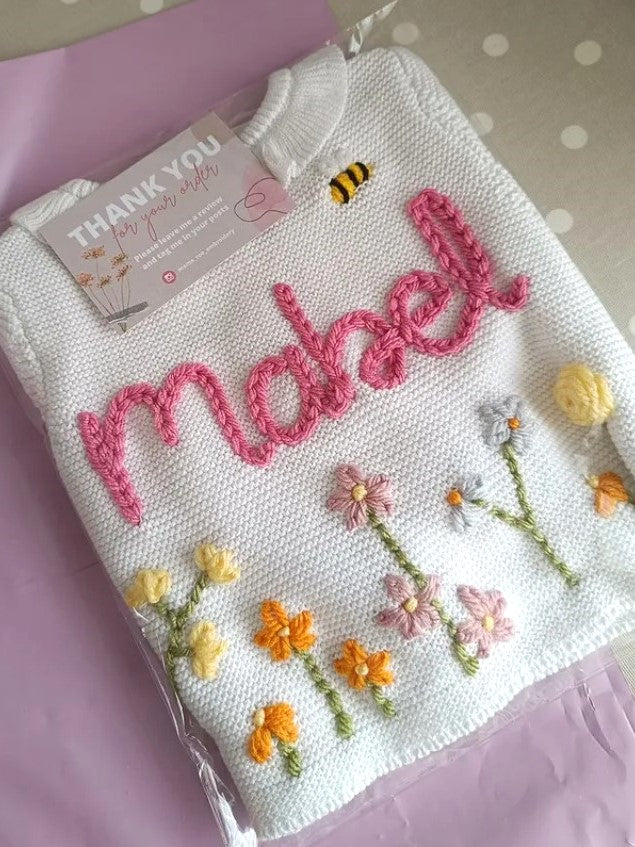 Personalised Wild Flowers Embroidered White Cardigan