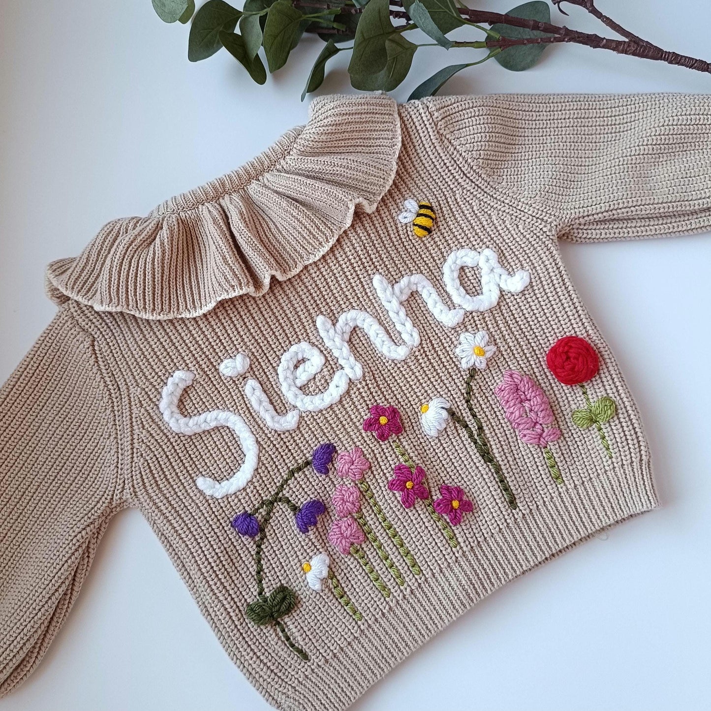 Custom Personalised Wild Flower Cardigan | Beige Name Frill Cardigan | Ruffle Oversized Cardigan