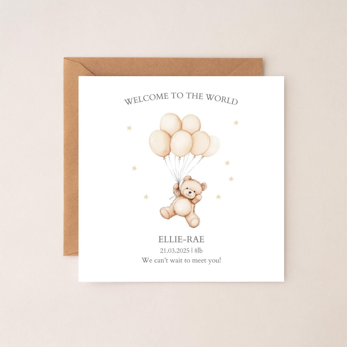 Personalised New Baby Card, Balloon Bear Baby Card for Granddaughter, Neutral New Baby Newborn Card for Niece