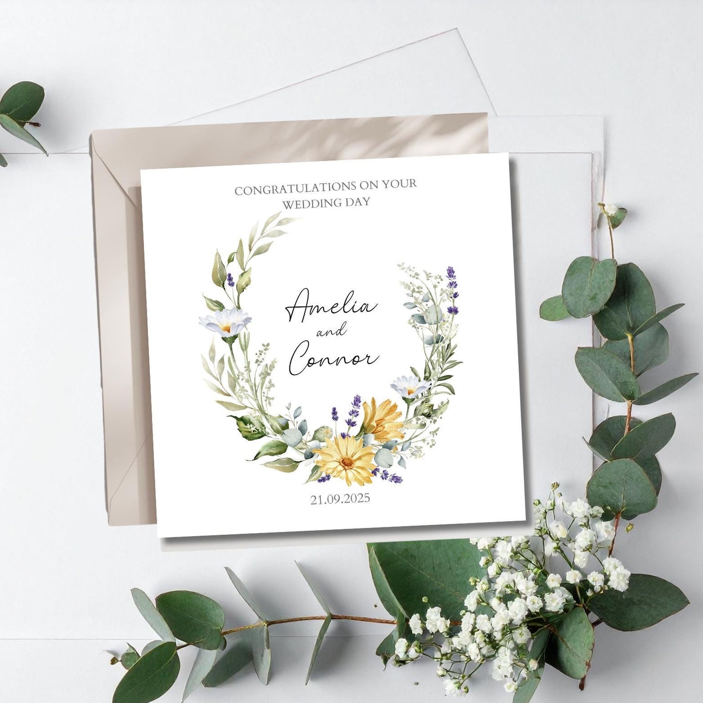 Personalised Mr & Mrs Wedding Card, Floral Wreath Wedding Card, Colour Choices, Golden Wedding Card, Custom Wedding Card