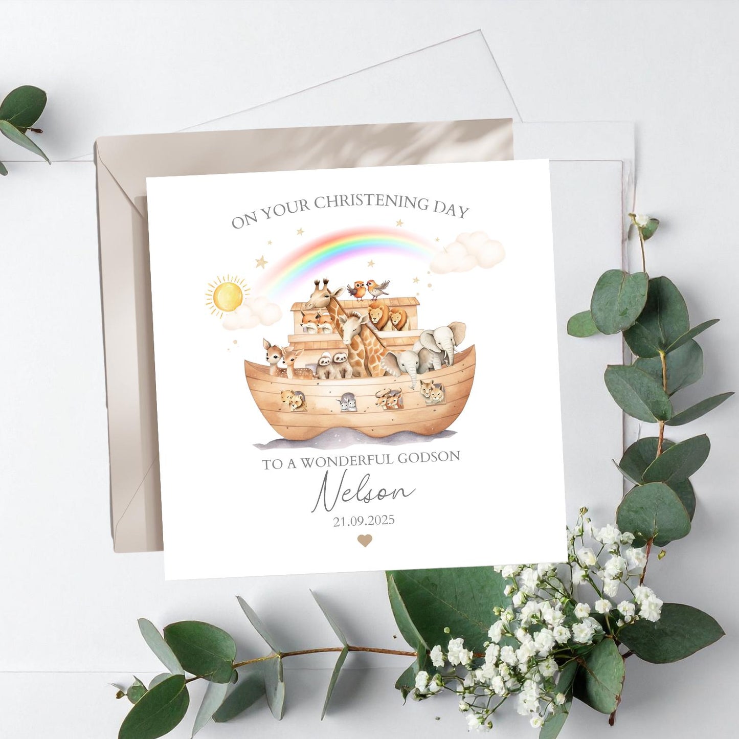 Personalised Noah's Ark Christening Card, Baptism Card, Personalised Baby Girl or Boy Greeting Card, Animal Ark Baptism Card, Any Relation