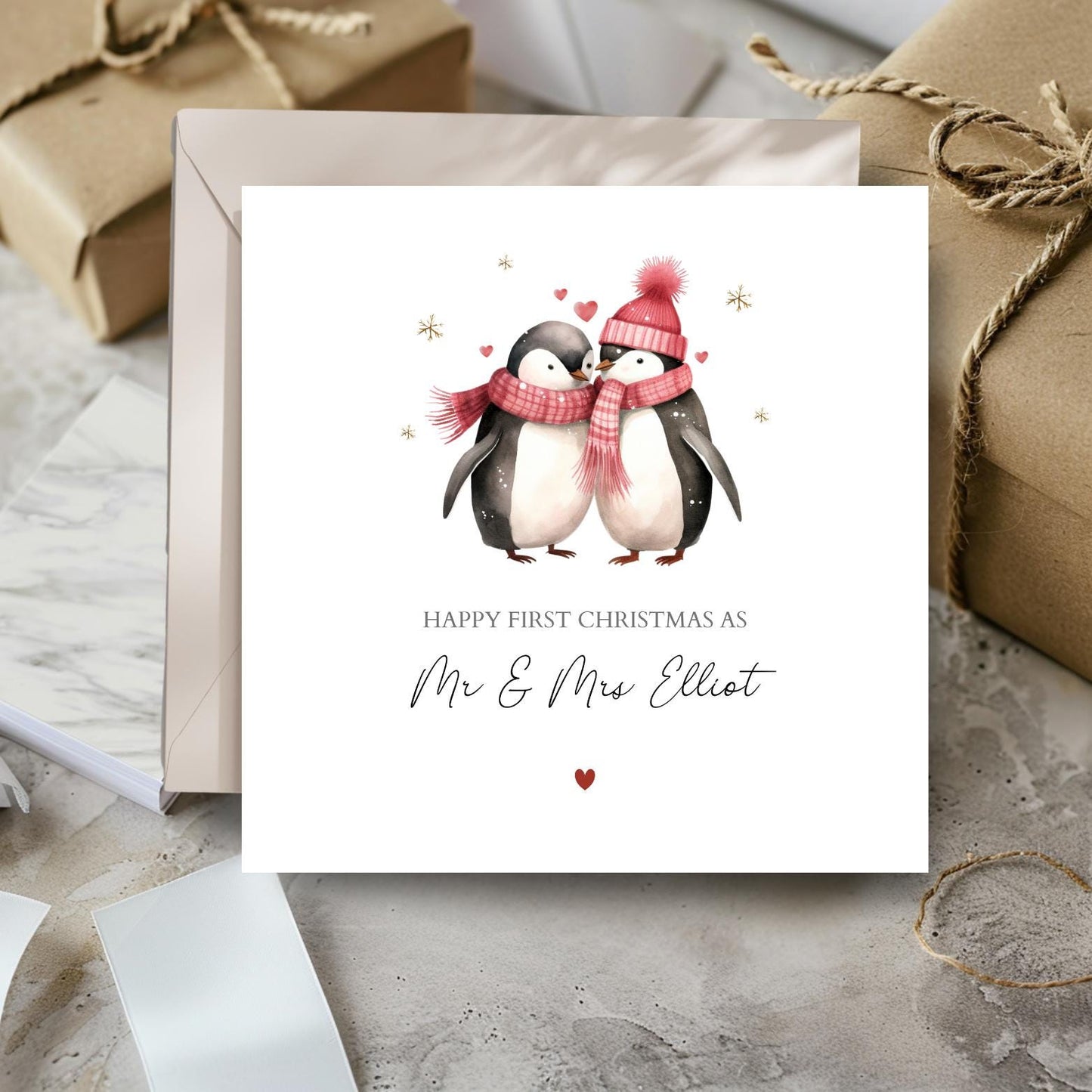 Personalised Special Couple Christmas Card, Pinguin Couple Friend Bauble Christmas Card, Xmas Card Daughter, Son, In Law's Any Relation