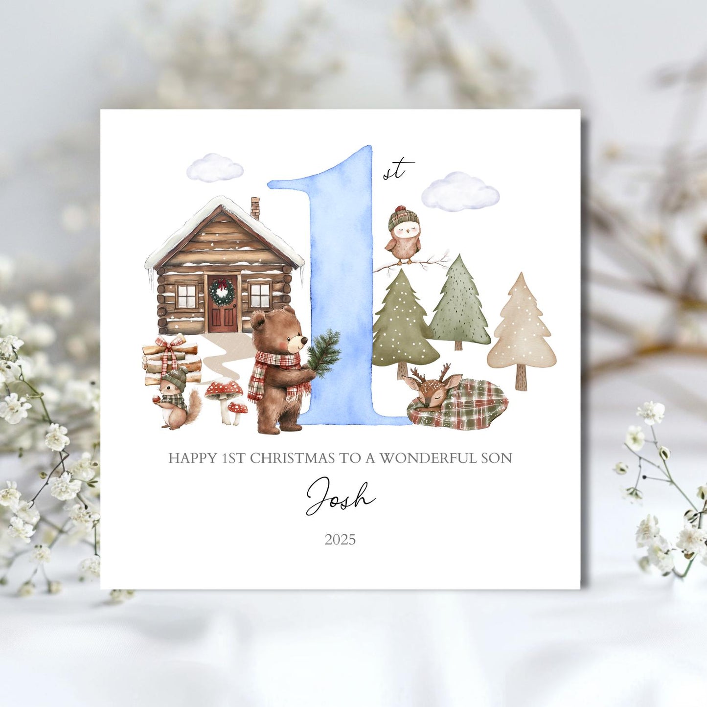 Personalised First Christmas Woodland Bear Card| Christmas Card for Grandson, Daughter, Son with Animals |2025 Christmas Card, Any Relation