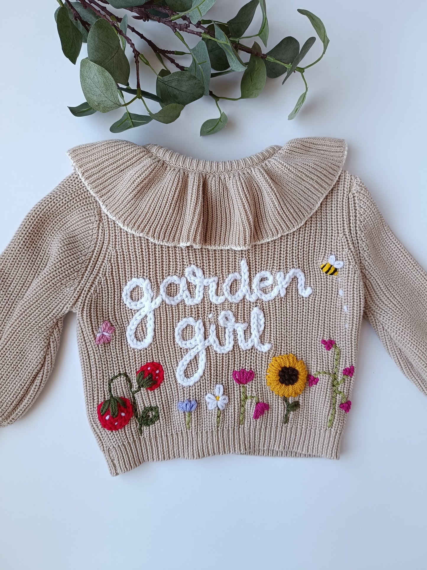 Custom Personalised Wild Flower Cardigan | Beige Name Frill Cardigan | Ruffle Oversized Cardigan