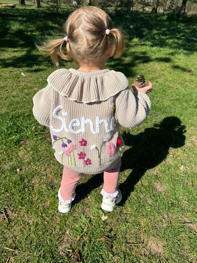 Custom Personalised Wild Flower Cardigan | Beige Name Frill Cardigan | Ruffle Oversized Cardigan
