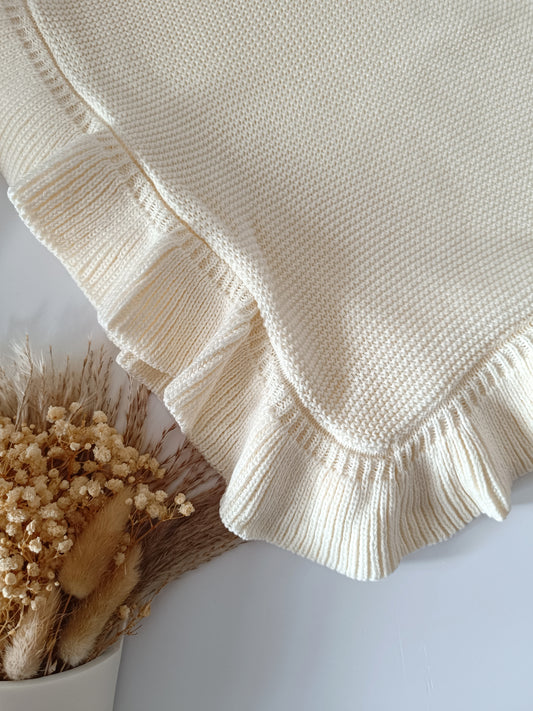 Hand Embroidered Frill Edge Baby Blanket | Cream