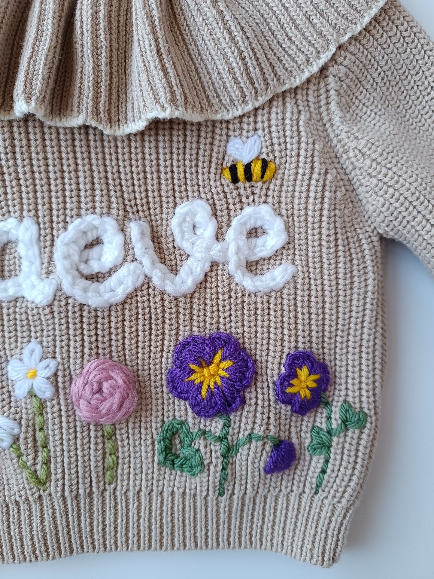 Custom Personalised Wild Flower Cardigan | Beige Name Frill Cardigan | Ruffle Oversized Cardigan