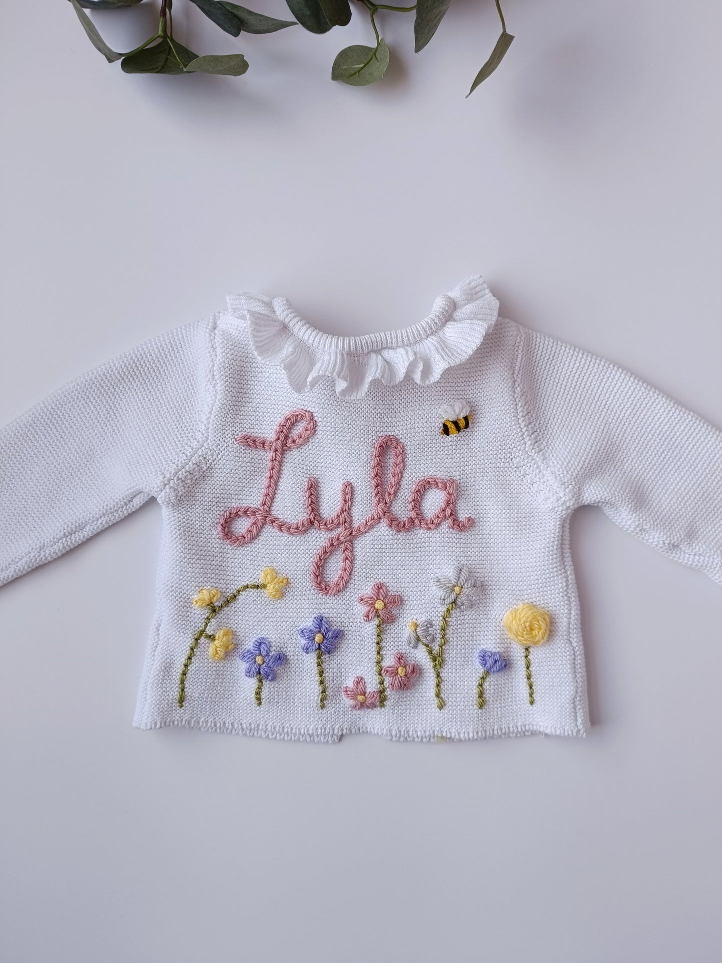Personalised Wild Flowers Embroidered White Cardigan