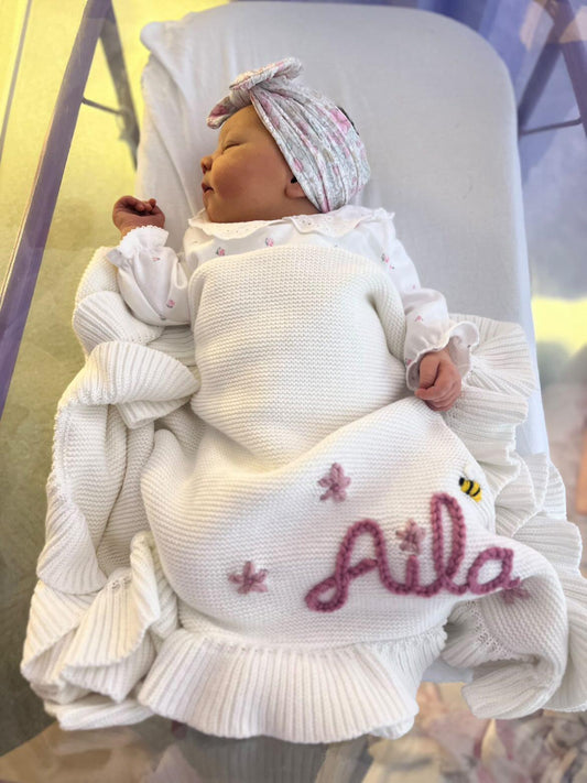 Hand Embroidered Frill Edge Baby Blanket | Creamy White