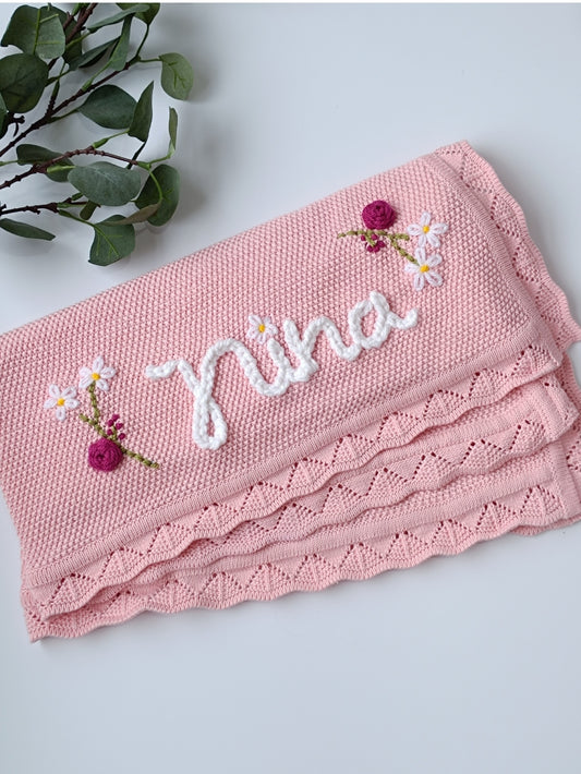 Hand Embroidered Detail Edge Baby Blanket | Baby Pink