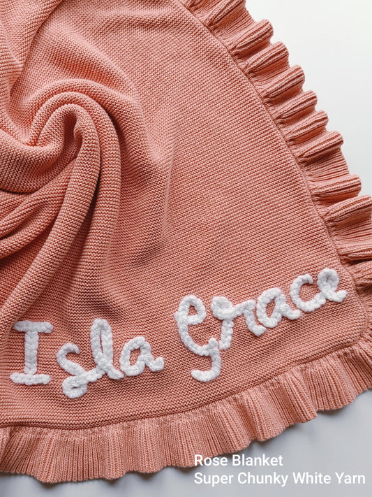 Hand Embroidered Frill Edge Baby Blanket | Rose