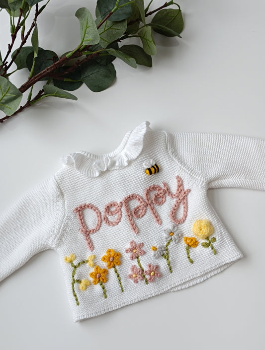 Personalised Wild Flowers Embroidered White Cardigan