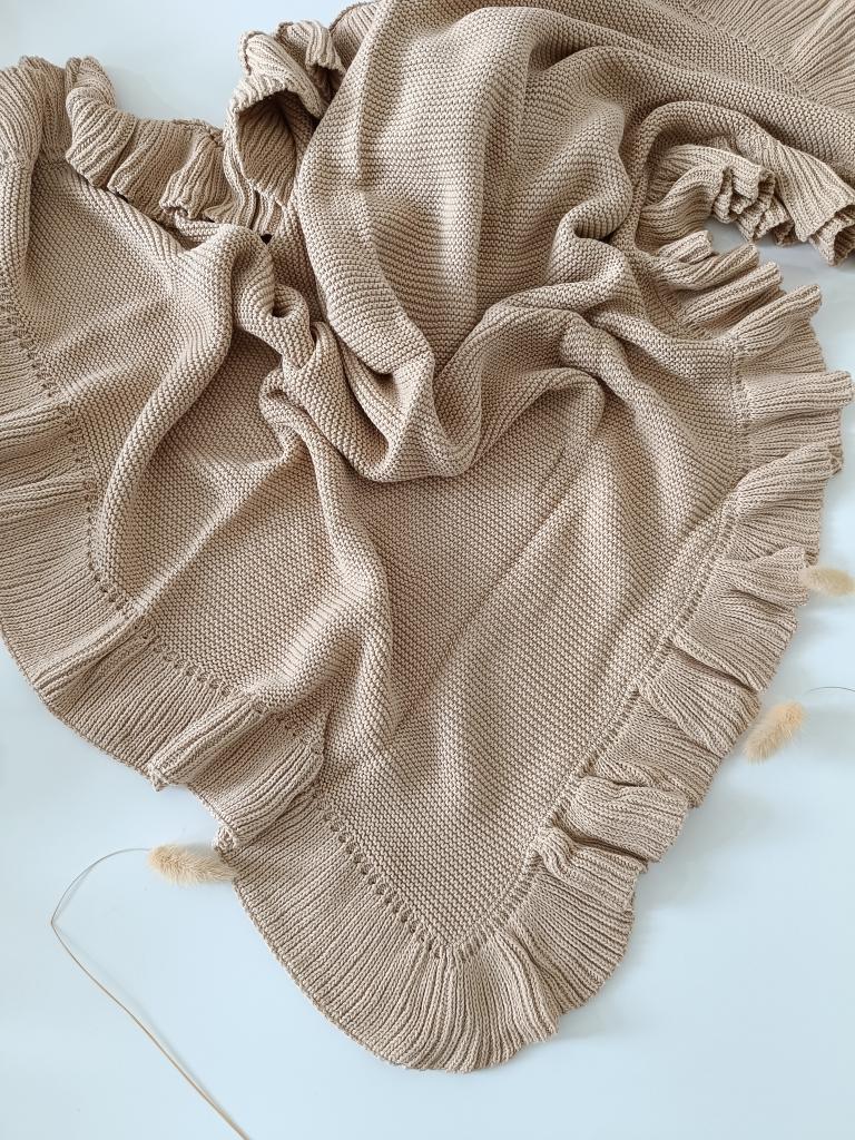Hand Embroidered Frill Edge Baby Blanket | Beige
