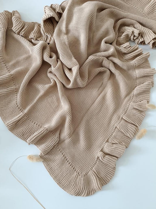 Hand Embroidered Frill Edge Baby Blanket | Beige