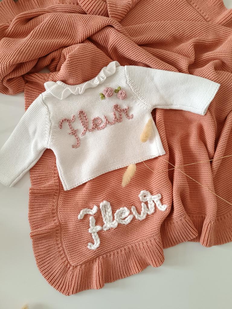 Hand Embroidered Frill Edge Baby Blanket | Rose