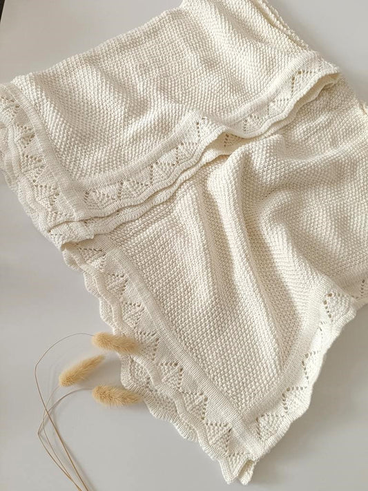 Hand Embroidered Detail Edge Baby Blanket | Creamy White