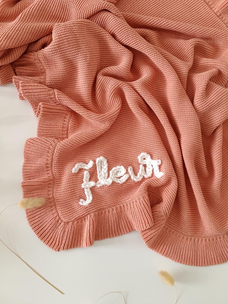 Hand Embroidered Frill Edge Baby Blanket | Rose