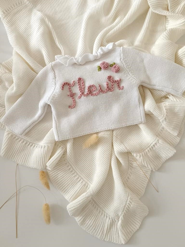 Hand Embroidered Frill Edge Baby Blanket | Creamy White