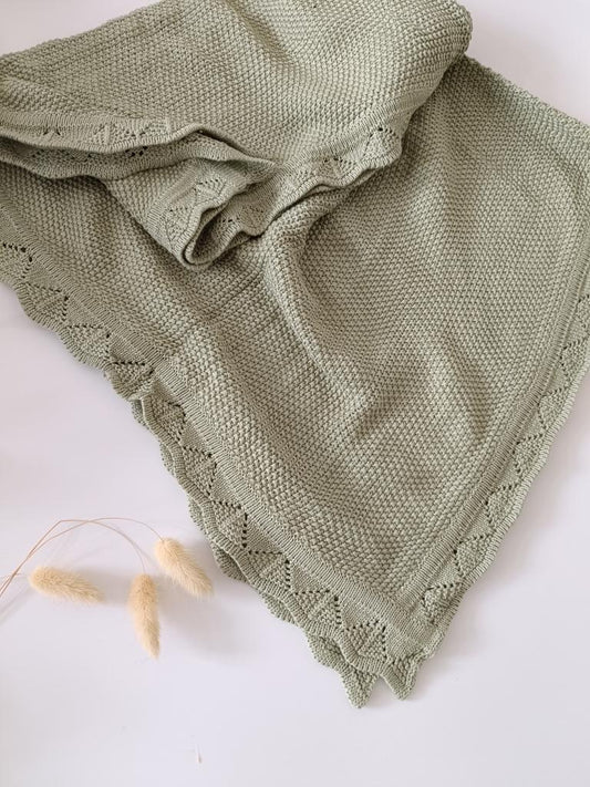 Hand Embroidered Detail Edge Baby Blanket | Sage
