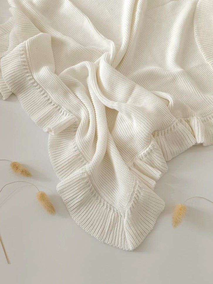 Hand Embroidered Frill Edge Baby Blanket | Creamy White