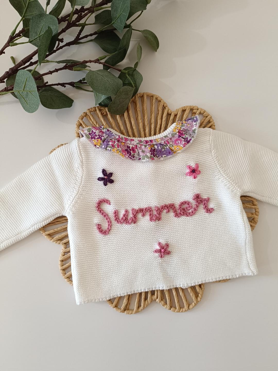 Personalised Embroidered Floral Frill White Cardigan
