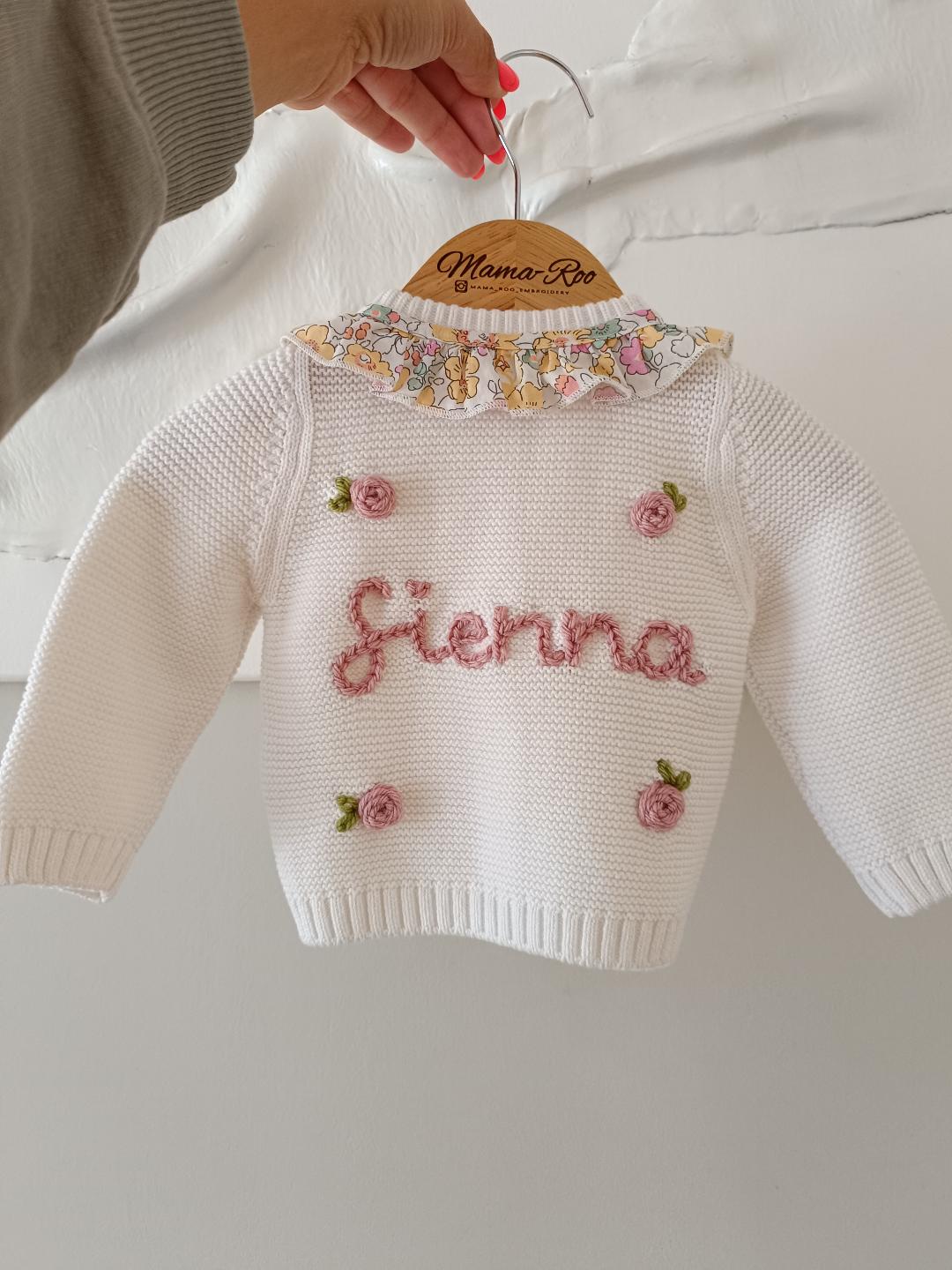 Personalised Embroidered Floral Frill White Cardigan