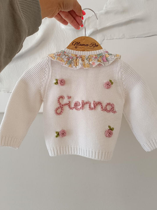 Personalised Embroidered Floral Frill White Cardigan