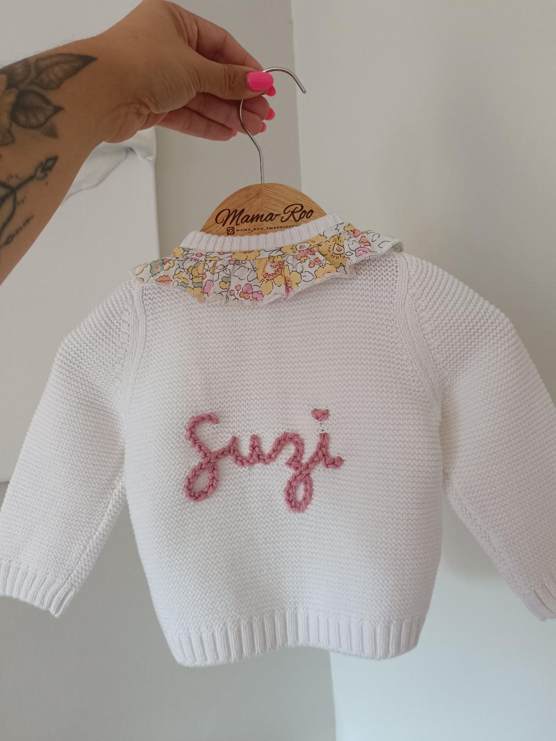 Personalised Embroidered Floral Frill White Cardigan
