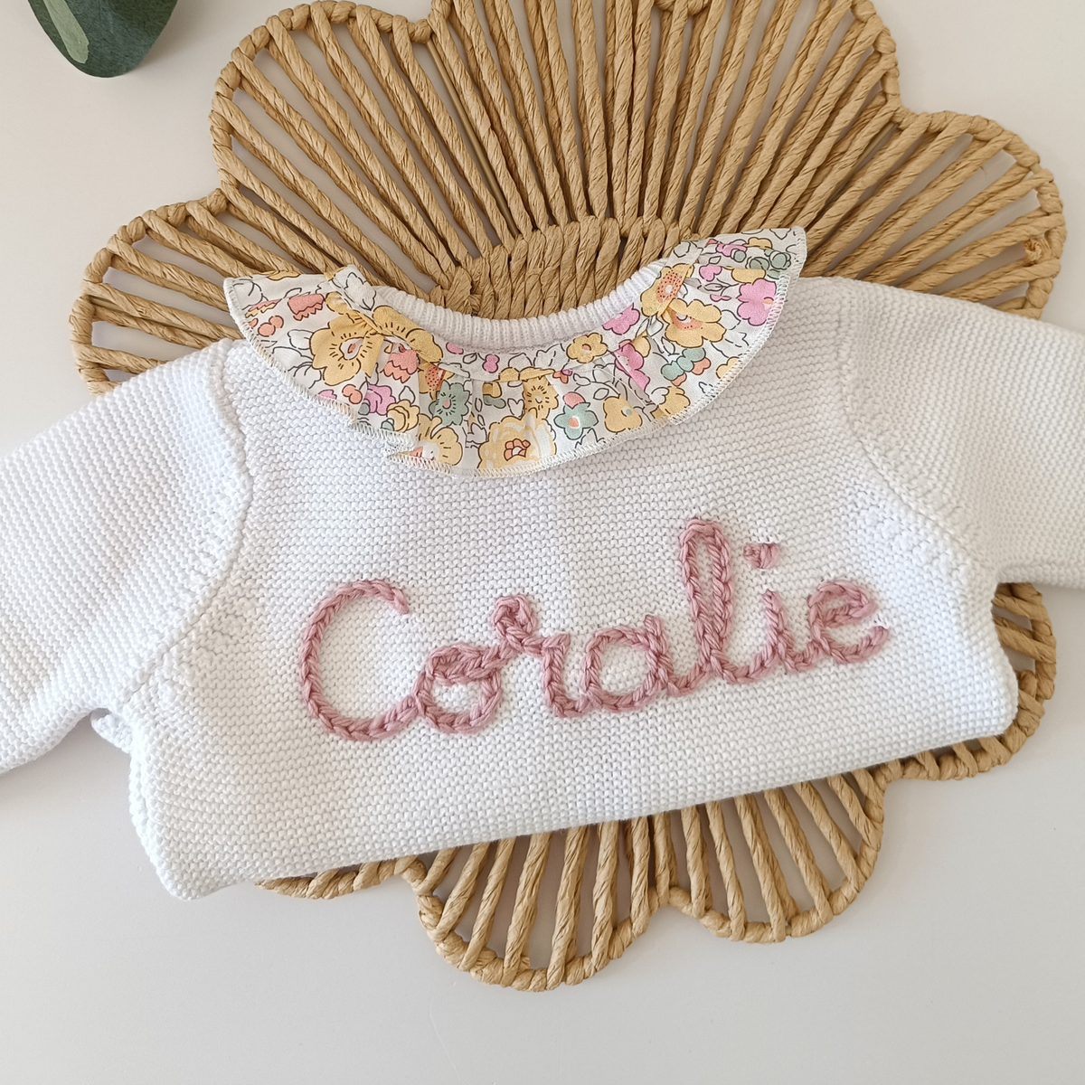 Personalised Embroidered Floral Frill White Cardiga