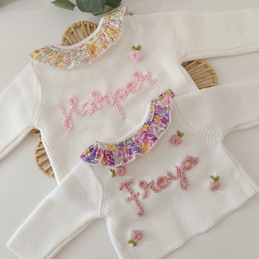 Personalised Embroidered Floral Frill White Cardigan