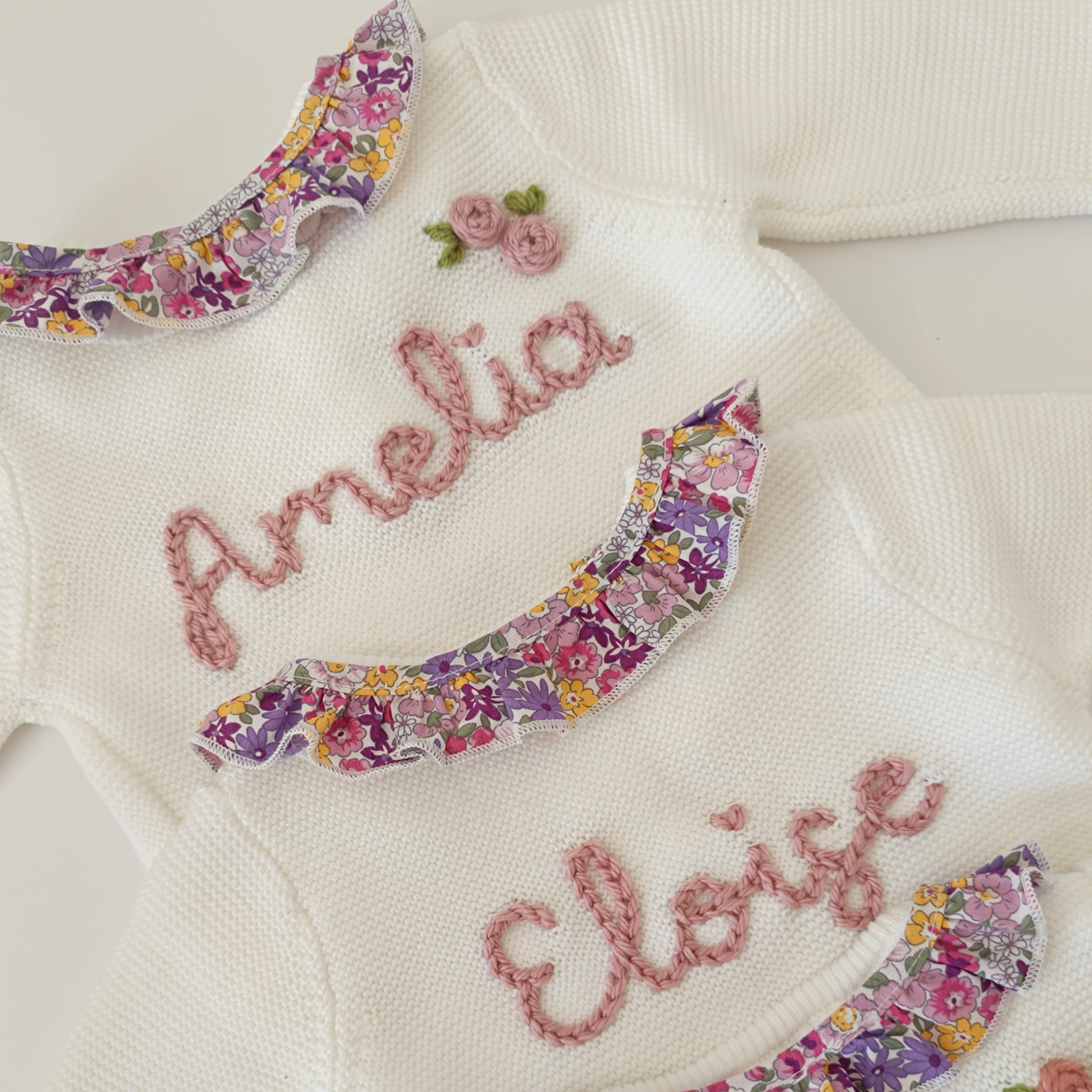 Personalised Embroidered Floral Frill White Cardiga