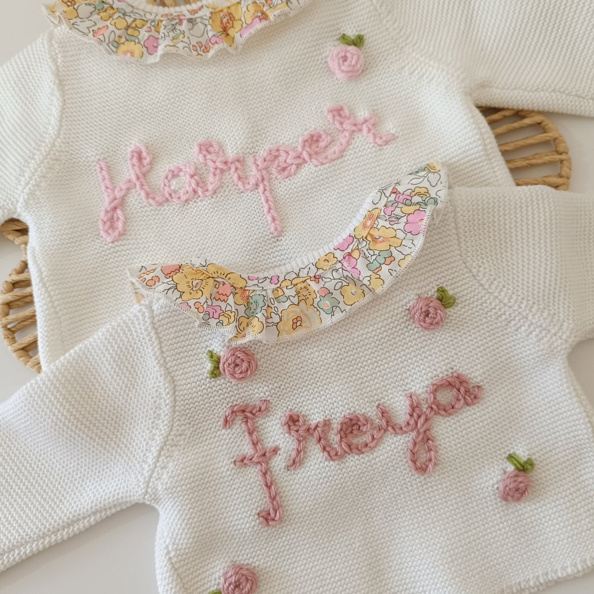 Personalised Embroidered Floral Frill White Cardiga