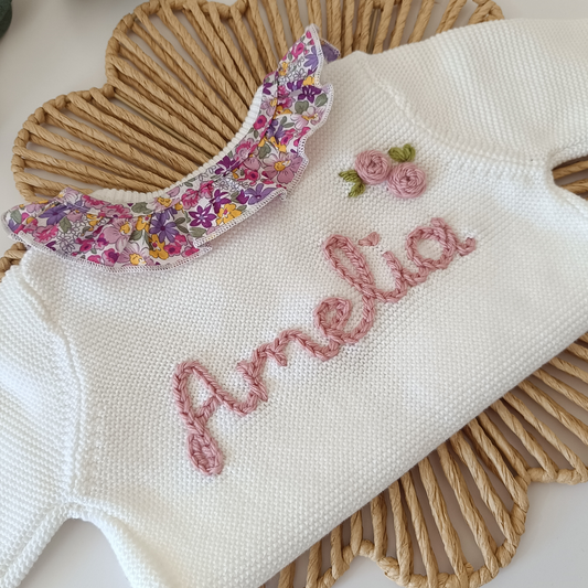 Personalised Embroidered Floral Frill White Cardiga