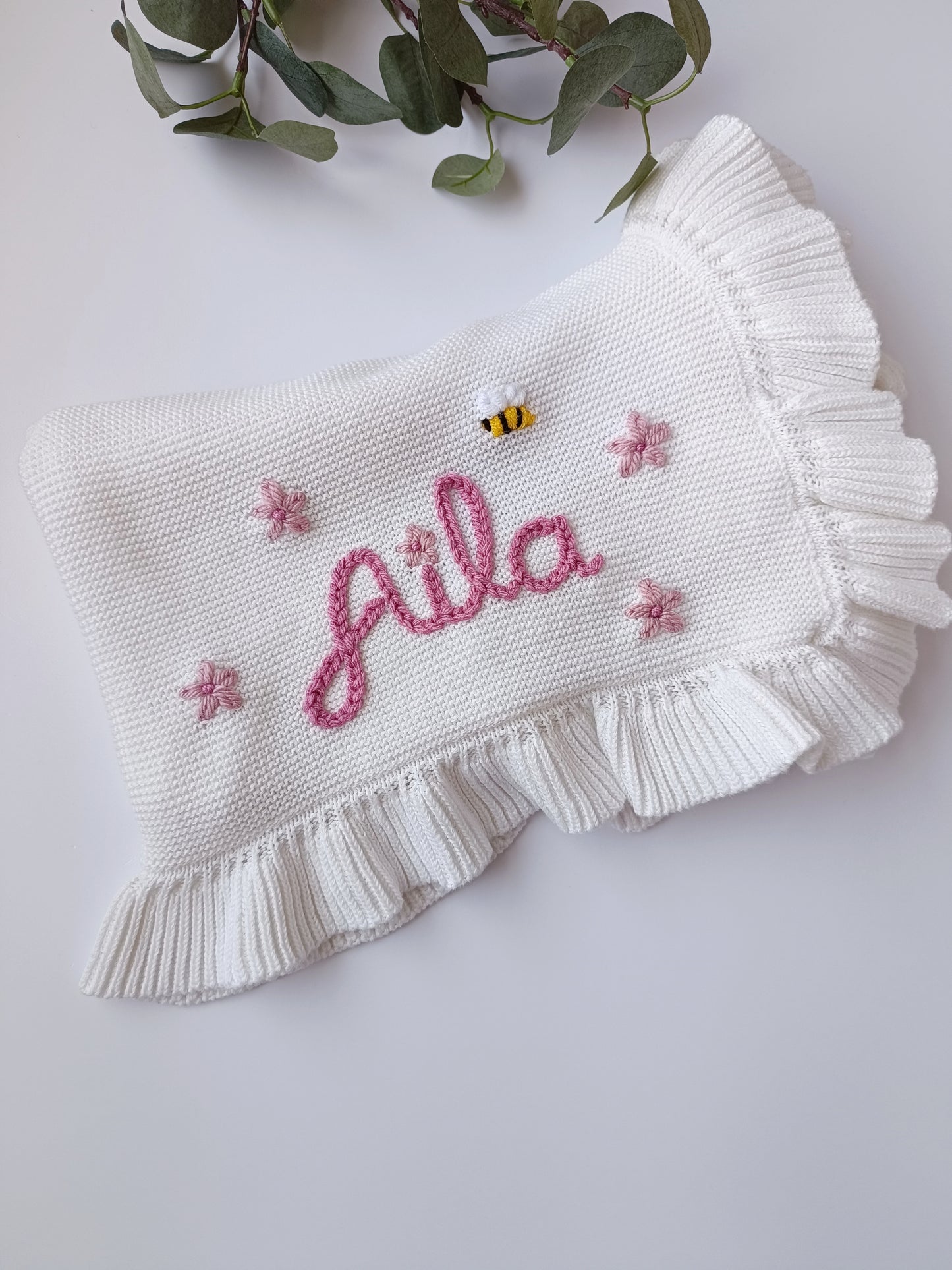Hand Embroidered Frill Edge Baby Blanket | Creamy White