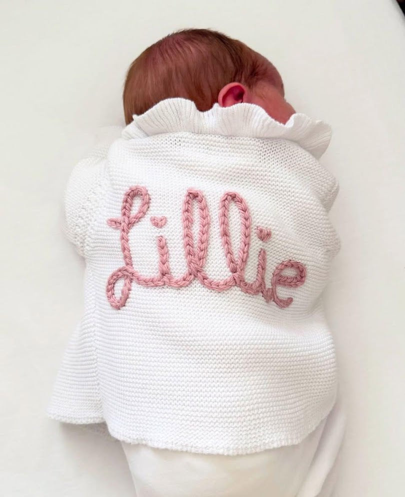 Personalised Embroidered Frill White Cardigan