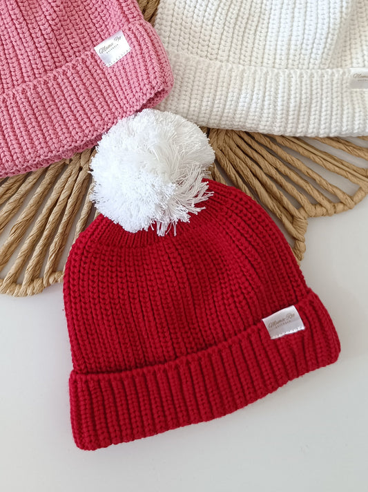 Bobble Hat | Pompom Knitted Hat | Christmas Red