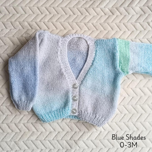 SALE 0-3m Hand Knitted Cardigan Blue Shades