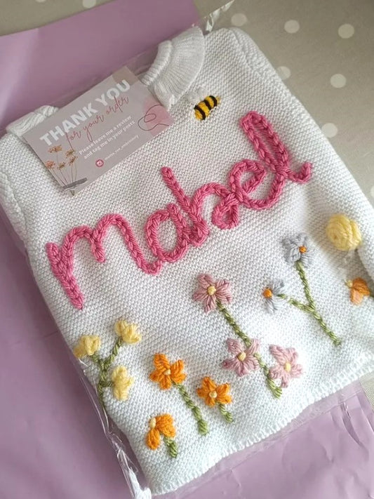 Personalised Wild Flowers Embroidered White Cardigan