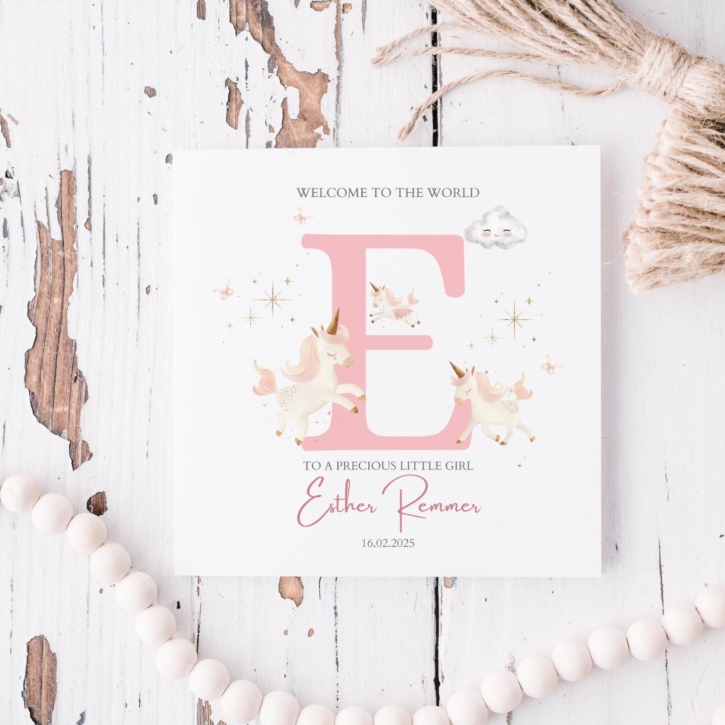 Personalised New Baby Card, Personalised Baby Unicorn Girl Greeting Card ,Baby's Name Initial Card, Magical Unicorn Card