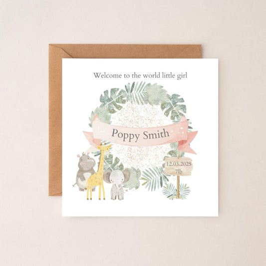 Personalised New Baby Card - Neutral Welcome to the World Card - Safari Animal Baby Card- Personalised Newborn Card RD45