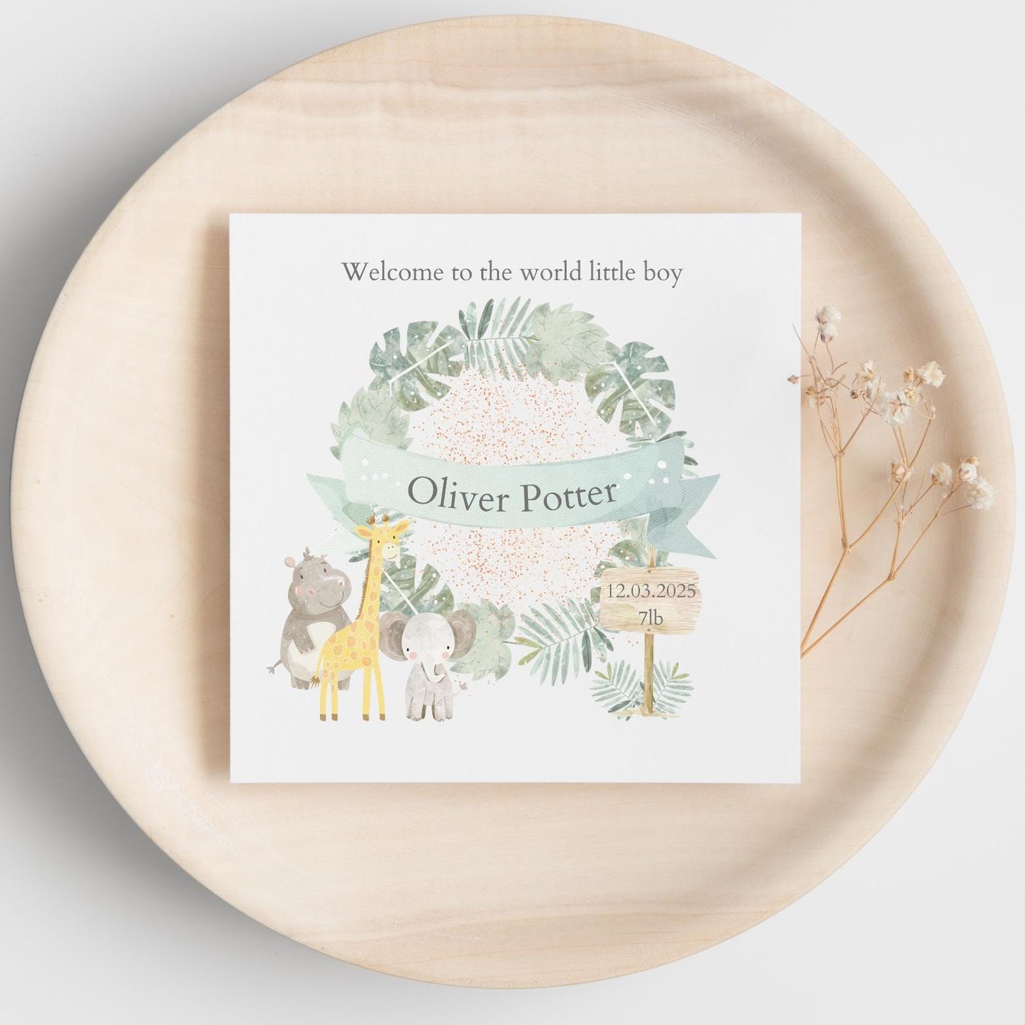 Personalised New Baby Card - Neutral Welcome to the World Card - Safari Animal Baby Card- Personalised Newborn Card