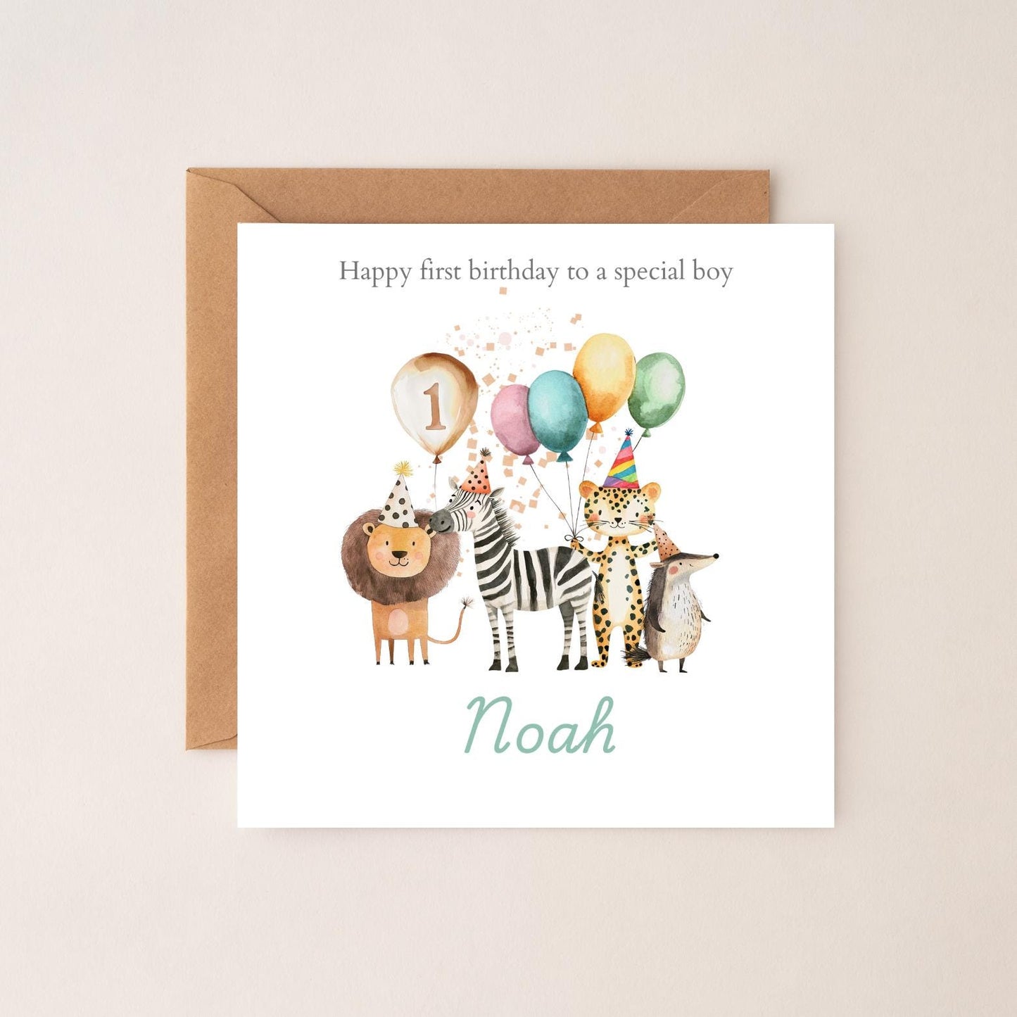 Personalised Grandson First Birthday Card Safari Animals | 1st birthday Animals card | First Birthday Card for Boy RD54